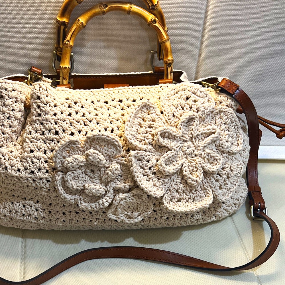 Patricia Nash Floral Applique Satchel Bamboo Top Handle Medium Beige Brown Strap